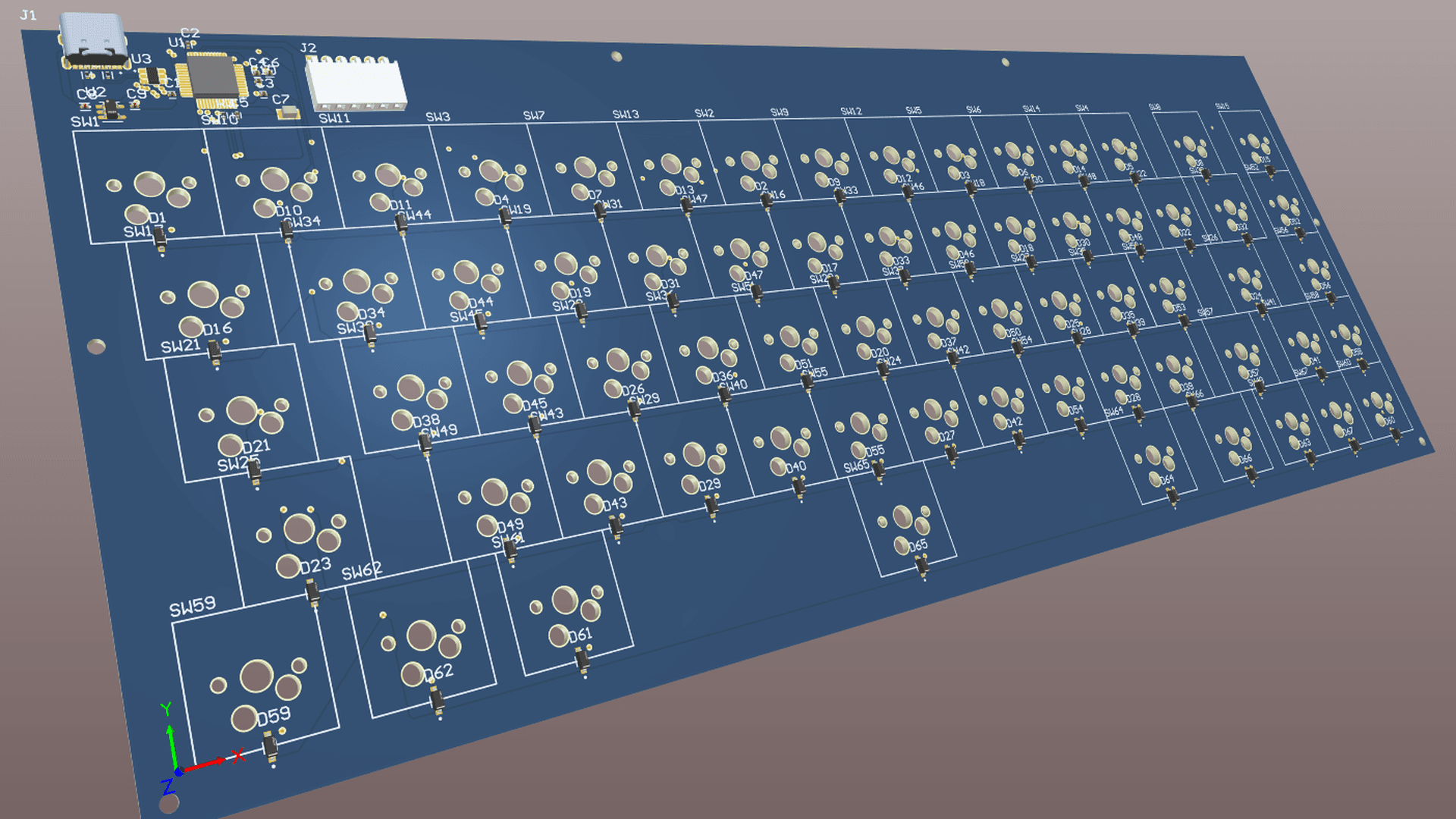 Altium 3D view of the populated board showing the MCU strip, USB-C connector and SWD header at the top left