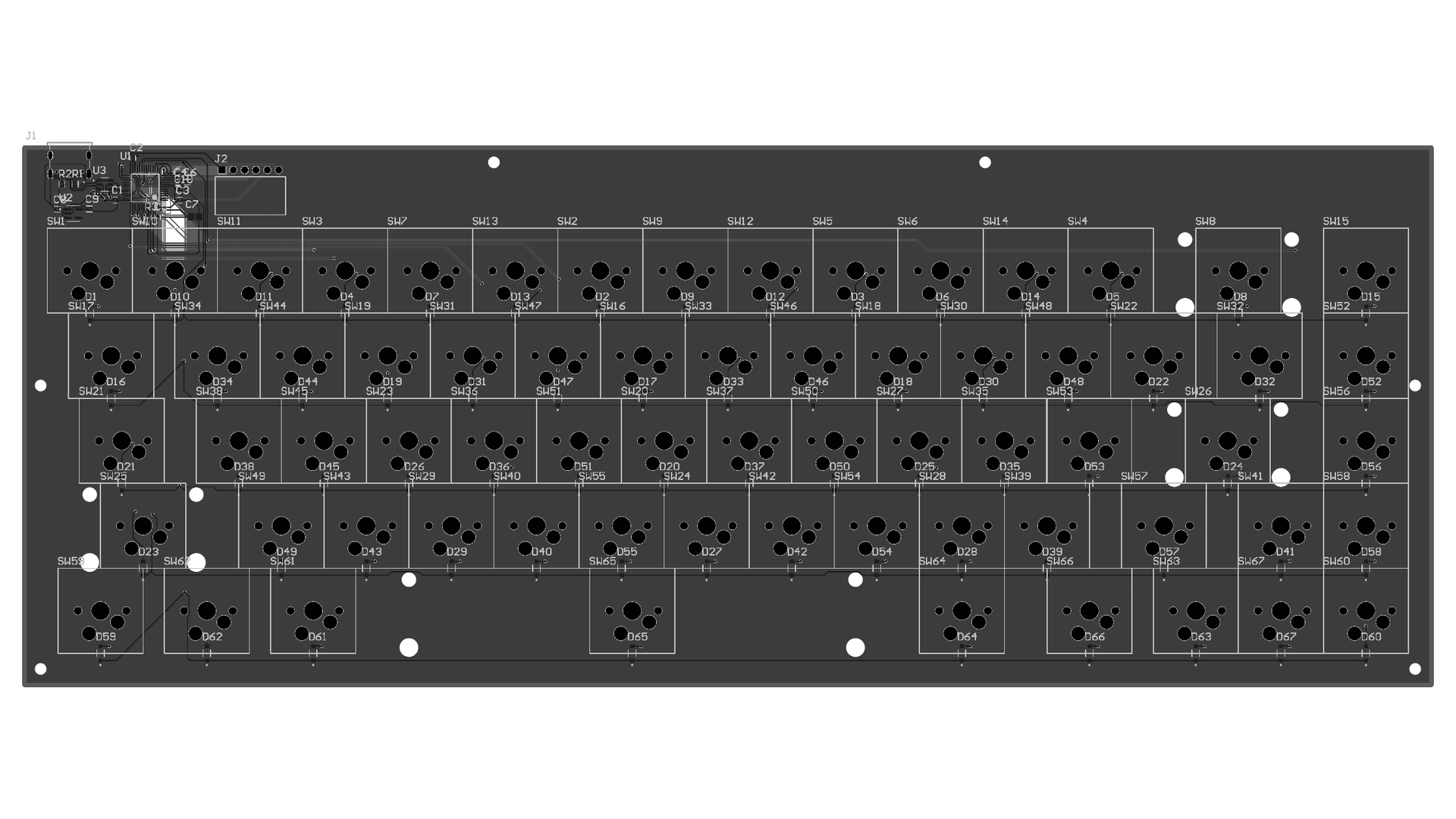 PCB top view showing all 67 switch footprints on a 19.05 mm grid with the MCU strip along the top left edge