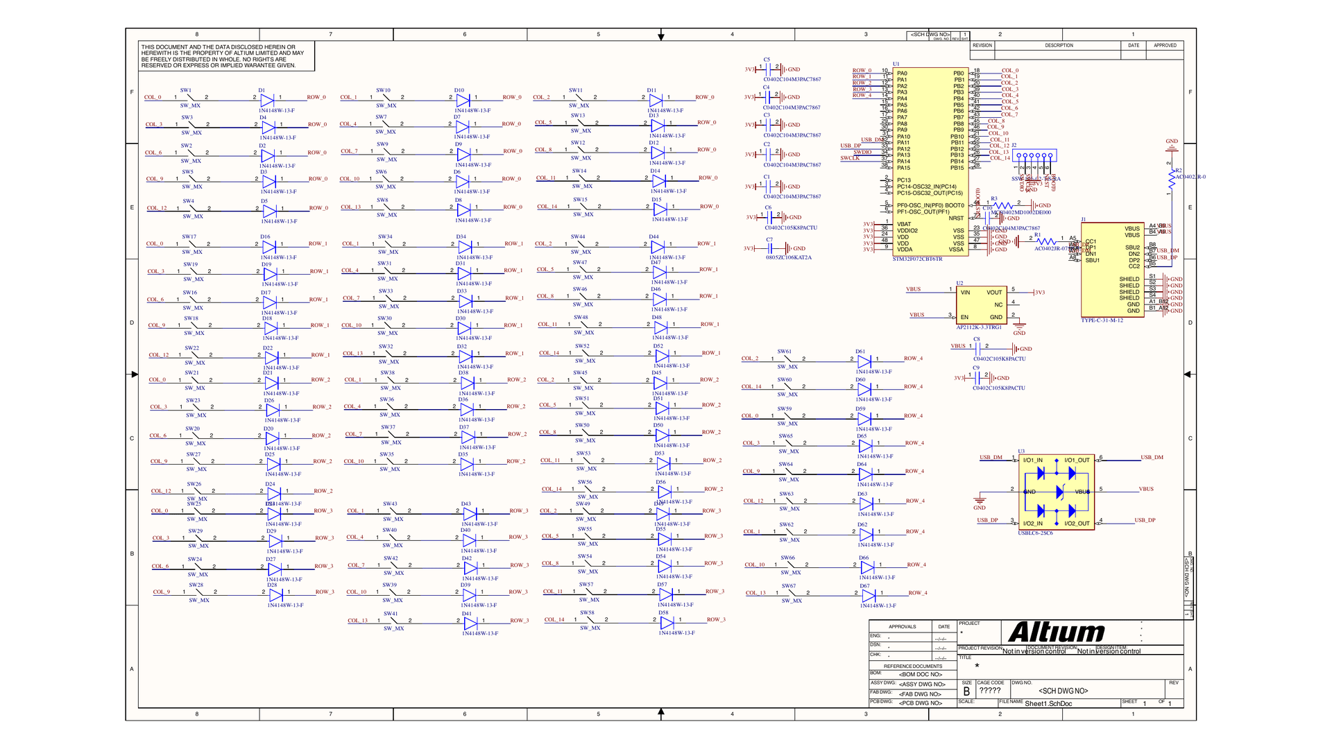 Full keyboard schematic: 67-key COL2ROW matrix, STM32F072 minimum system, USB-C front end, LDO and ESD array
