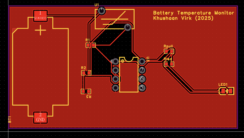 2-layer KiCad layout: CR2032 holder, NTC + dividers, LM393, LED