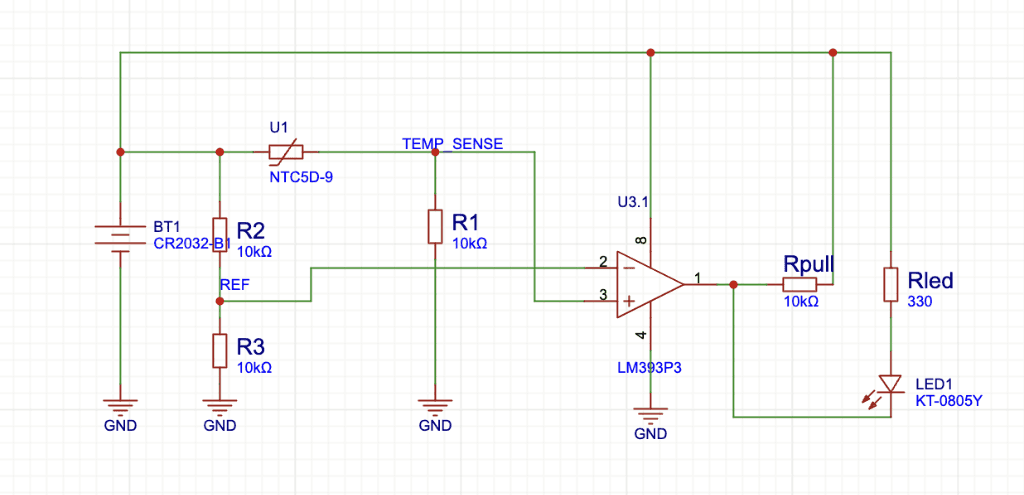 Schematic: NTC thermistor + reference divider feeding the LM393 comparator, indicator LED on the open-collector output