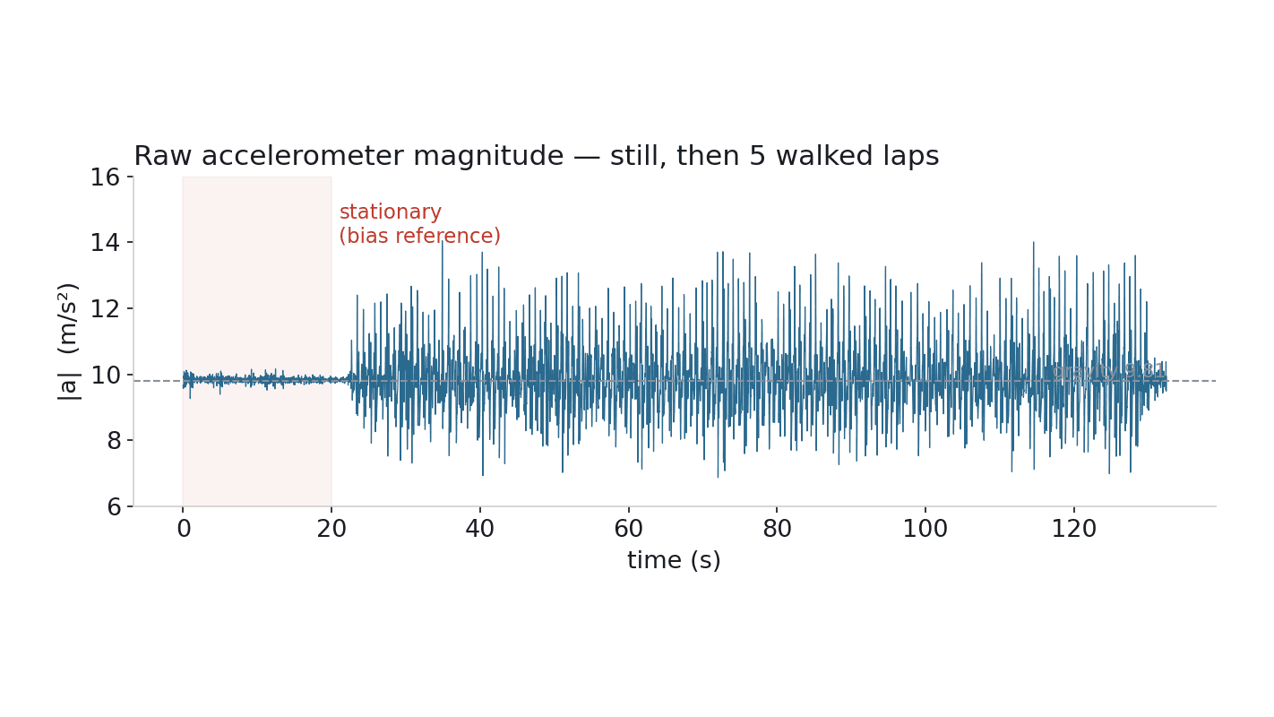 Raw accelerometer magnitude over a full run: a flat stationary block followed by five laps of walking