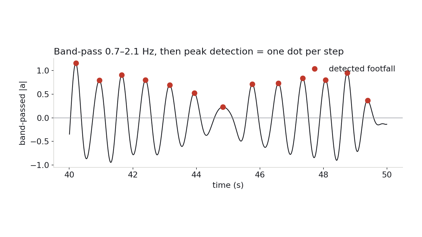 Band-passed acceleration magnitude with one detected peak marked per footfall