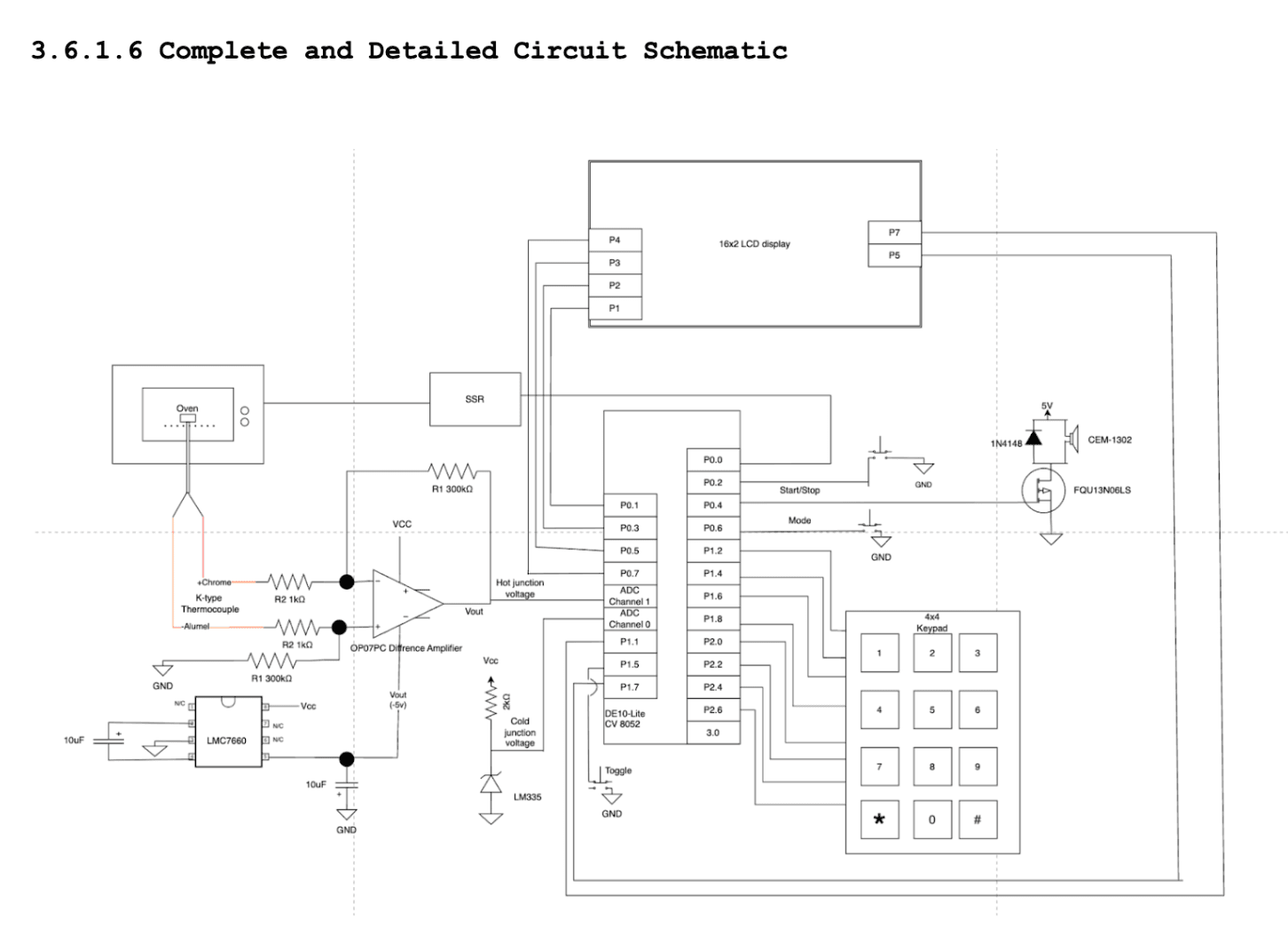 Complete circuit schematic: op-amp front-end, LCD, keypad, SSR driver, and speaker