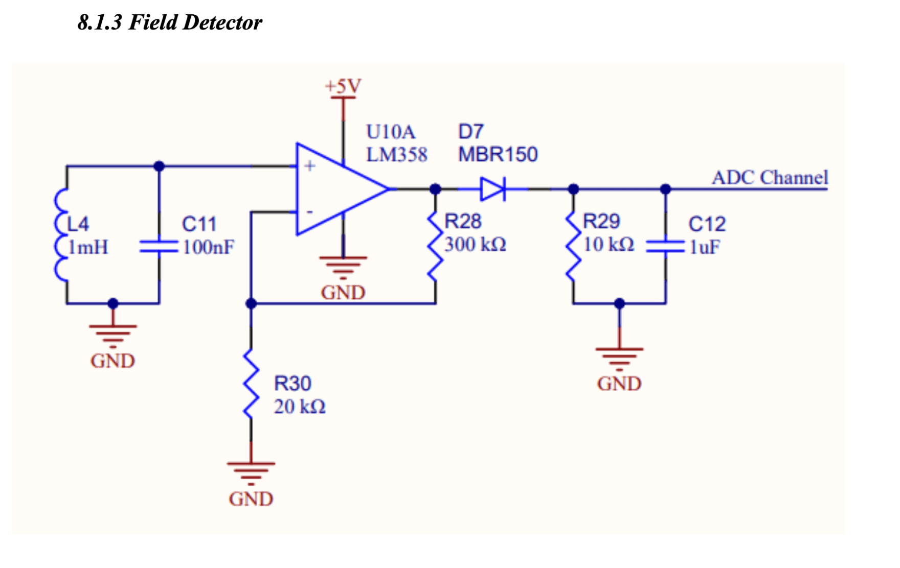 Field detector schematic: LC tank + LM358 op-amp feeding an ADC channel