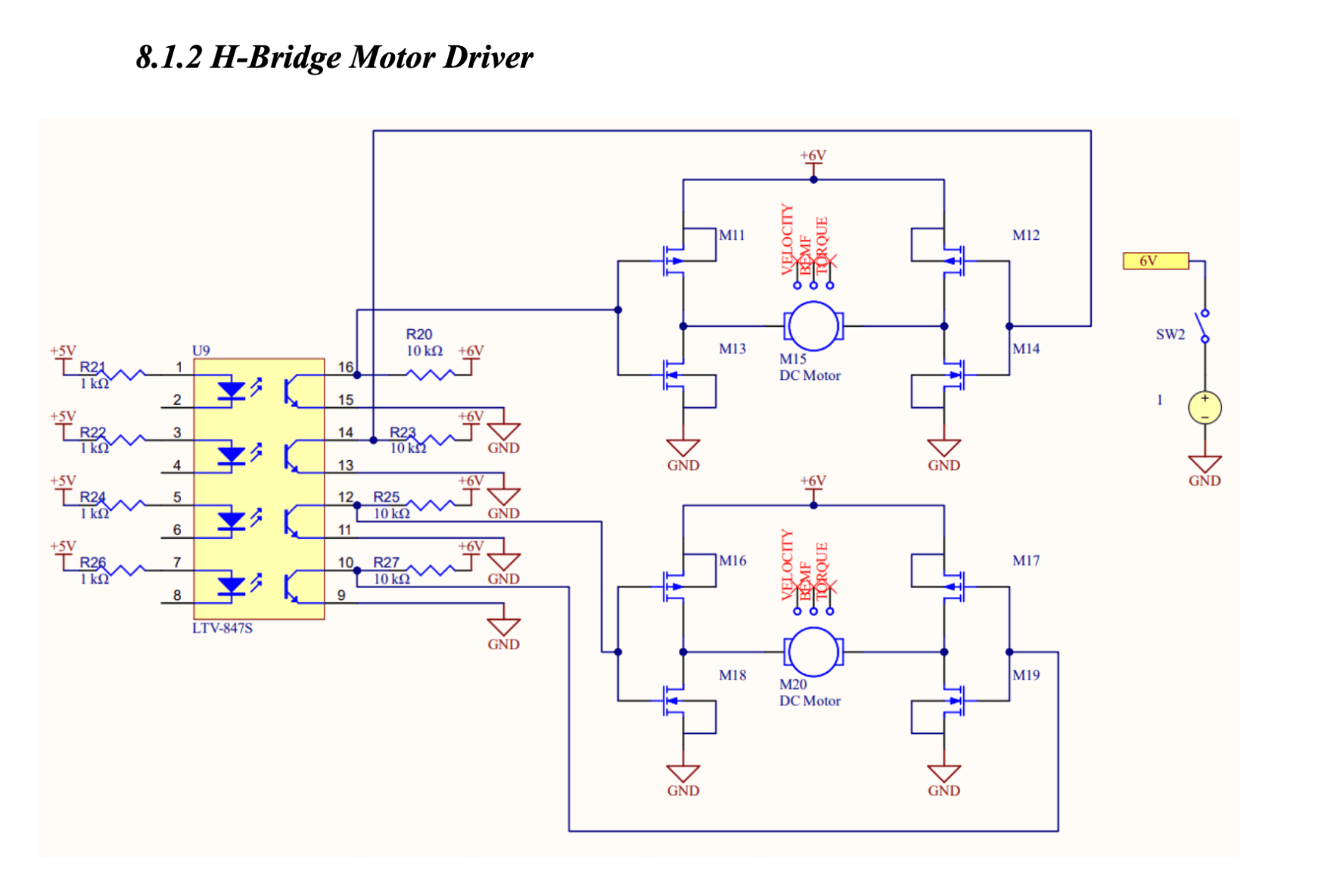 H-bridge motor driver: discrete MOSFETs driven through an LTV-847 quad optocoupler